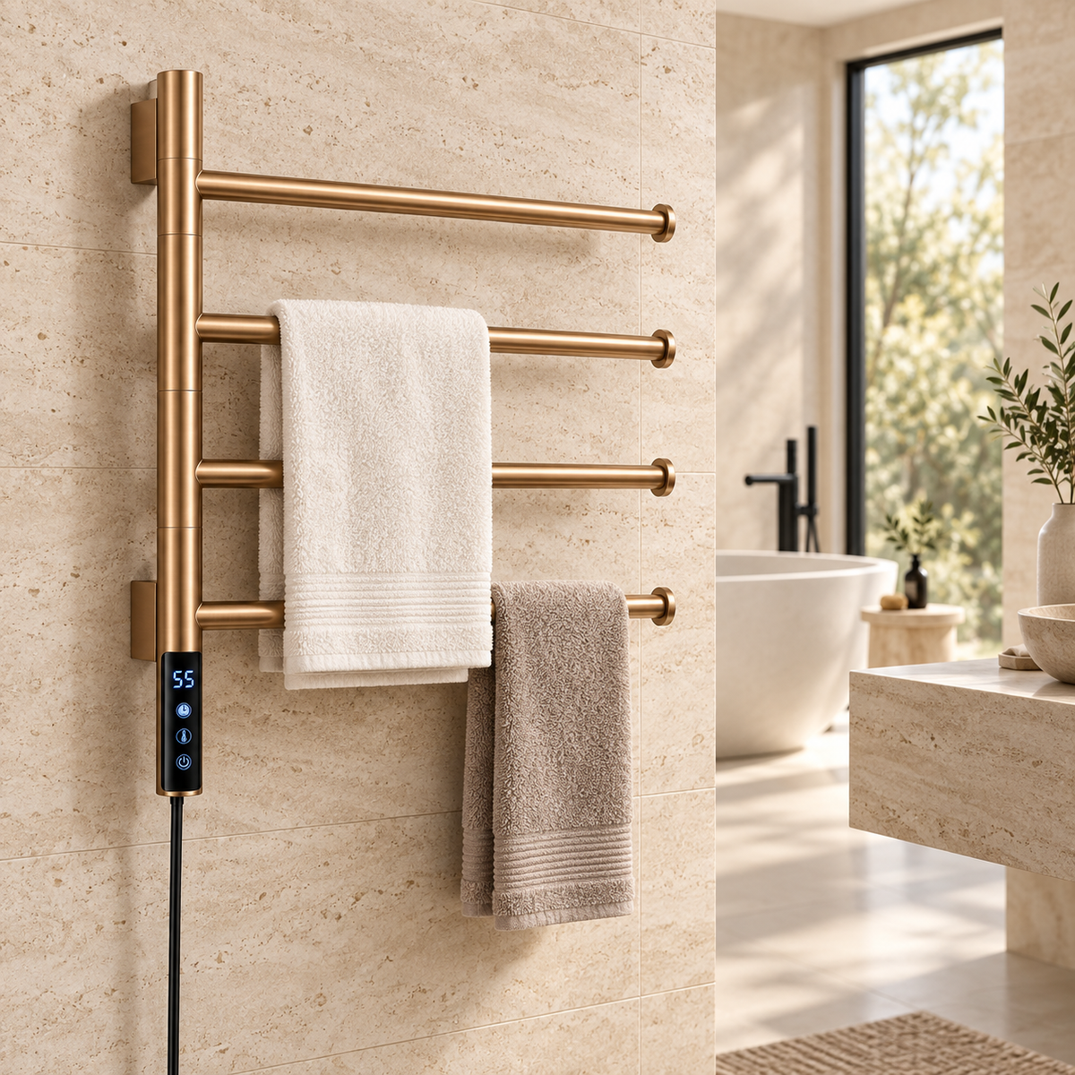 Chauffe-serviette mural installé à distance de la douche dans une salle de bain moderne