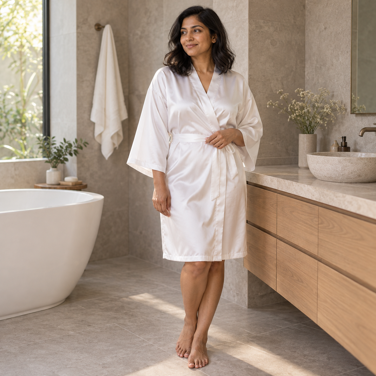 Kimono en satin femme porté ceinturé, tombé fluide