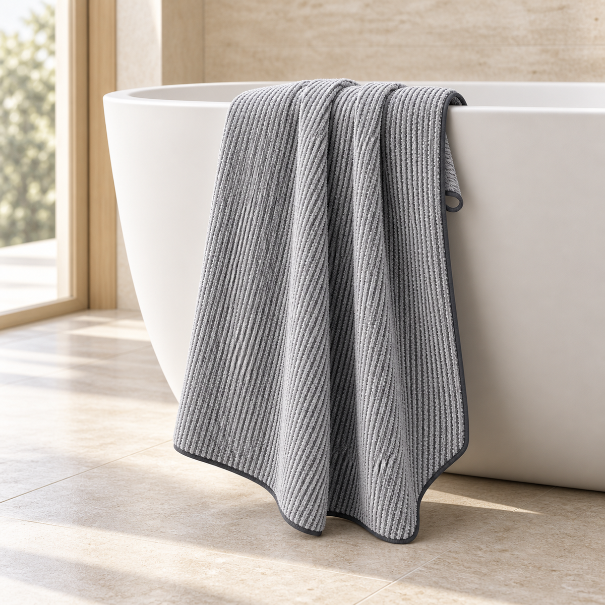 Serviette de bain grise à fines rayures